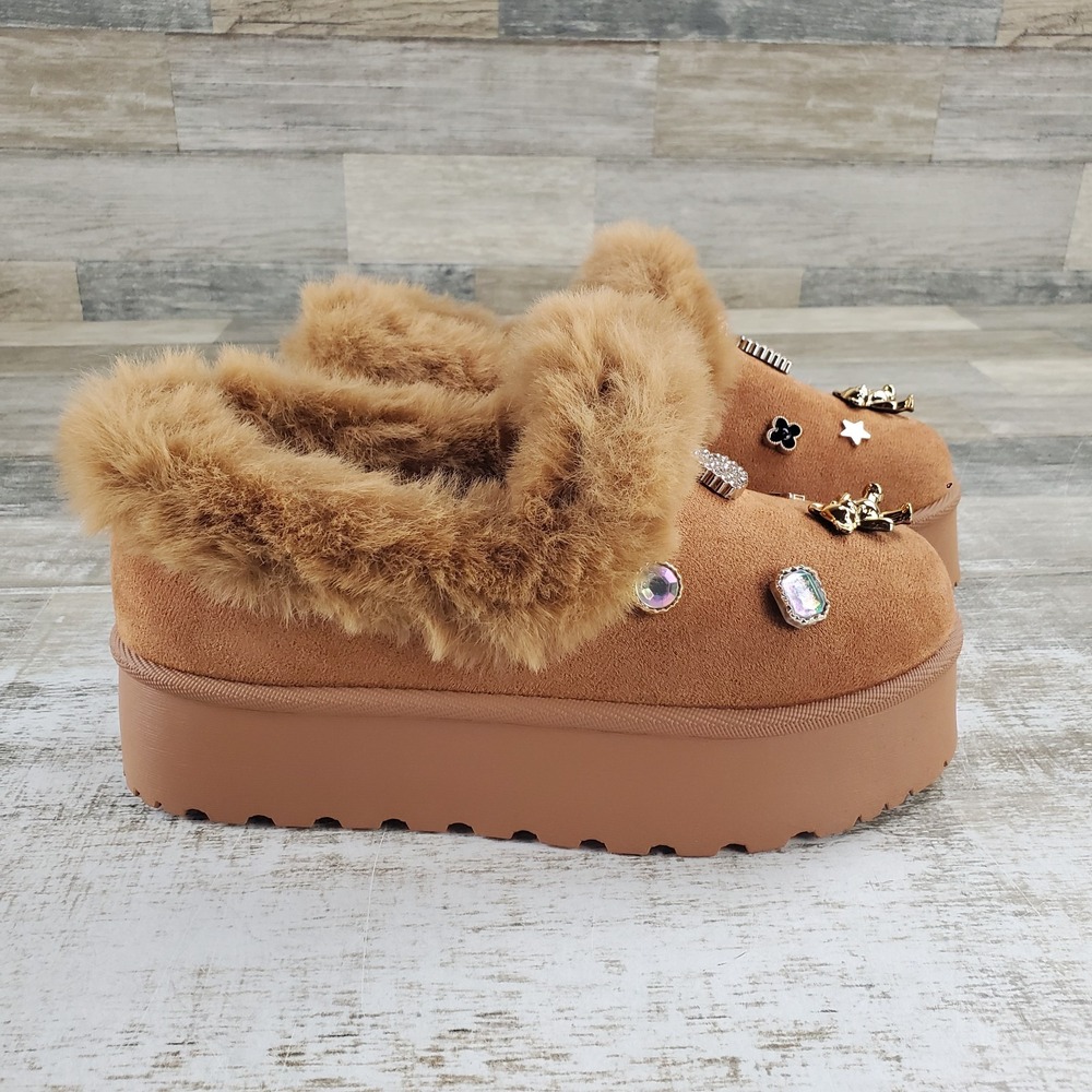 London Rag Zeta Charm Womens Winter Boots Sz 8 Brown Leather Faux Fur Slip On